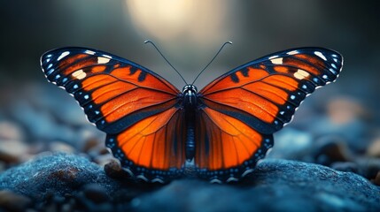 Fototapeta premium A beautiful orange butterfly is standing on a rock