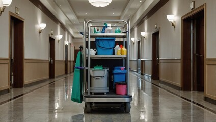 Obraz premium Cleaning crew cart in the hallway