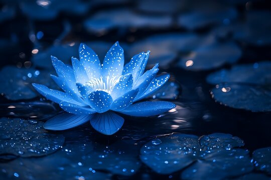 Blue water lily on a dark blue background. Blue floating glitter light sparkle on the lotus