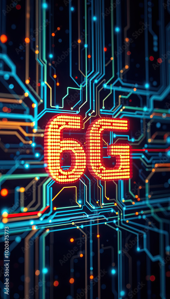 Aufkleber digital futuristic neon glowing circuit board with 6G network communication technology symbol vertical format