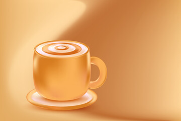 Cute 3D cup of coffee, beige glowing background with copy space. Coffee shop backdrop with gradient texture. Great for cafe menu, delivery price, discount sale, commercial ads, hot drinks presentation