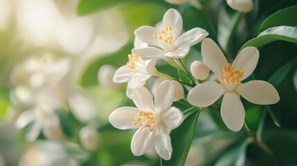 Obraz premium Close-up of white flowers with yellow centers on a green leafy branch with a blurred background.