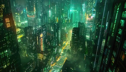 Obraz premium Futuristic Cityscape with Green Lights and Digital Interfaces