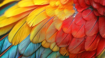 Obraz premium A vibrant close-up of colorful parrot feathers showcasing intricate patterns and a mesmerizing blend of red, orange, yellow, and blue hues.
