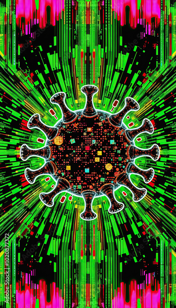 Poster vibrant abstract digital computer virus worm trojan attack hacking data tech background vertical format