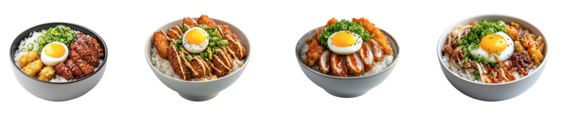 A visually appealing display of four gourmet rice bowls, each featuring distinct ingredients and a perfectly cooked egg, set against a dark background.