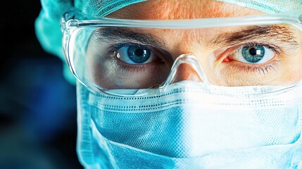 A close-up of a healthcare professional wearing a surgical mask, goggles, and cap, with intense blue eyes focused on the task at hand.