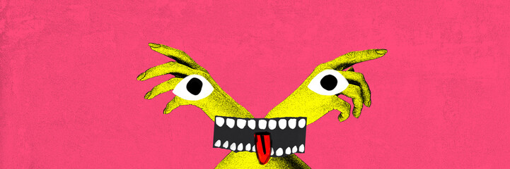 Two yellow hands forming creepy and funny face with wide eyes and mouth sticking out its tongue on vibrant pink background. Contemporary art collage. Concept of creativity, imagination and fantasy.