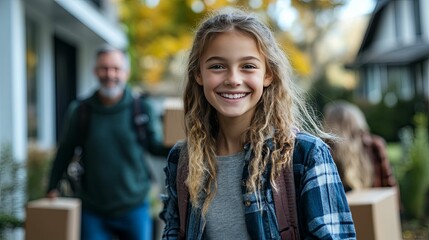 Fototapeta premium Happy Girl Smiling with Boxes in Background