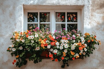 Window Box Filled with Colorful Flowers on White Wall