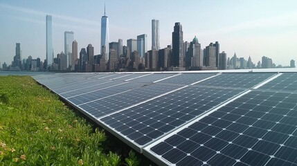 Solar Panels with City Skyline in Background