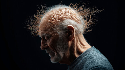 Profile of an elderly man with a creative visualization of his brain disintegrating, signifying memory loss or cognitive decline