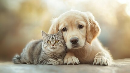 Golden Retriever Puppy and British Cat Snuggling on Pastel Background Heartwarming Pet Friendship