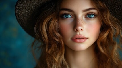 Naklejka premium Close-up portrait of a beautiful young woman with blue eyes and freckles, wearing a straw hat.
