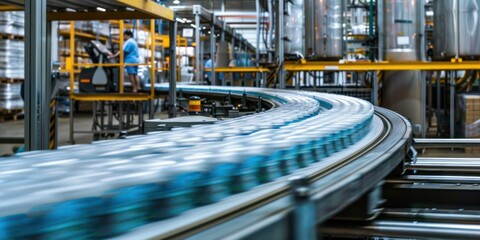 Automated production line of packaged food products moving swiftly in a large warehouse