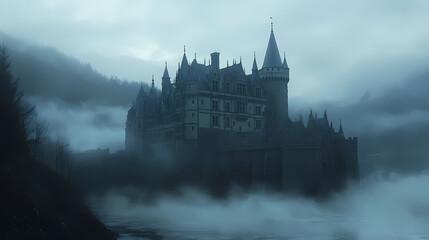 a castle with a fantasy view, cloudy and foggy