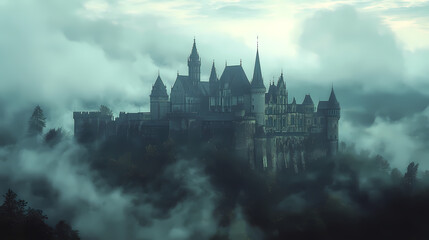 Fototapeta premium a castle with a fantasy view, cloudy and foggy