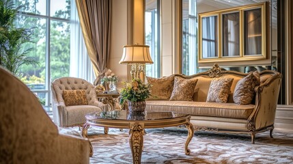 A beautifully designed living room with plush furniture, gold accents, and luxurious decor elements, exuding elegance and comfort