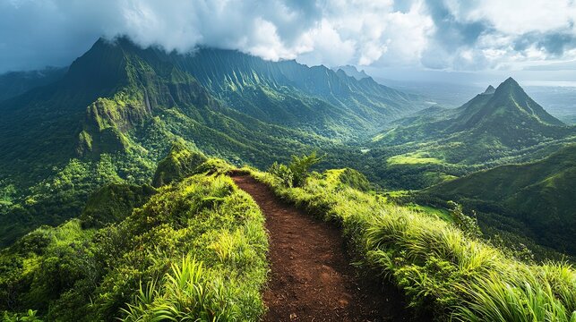 A winding dirt path leads through a lush green mountain range in Hawaii