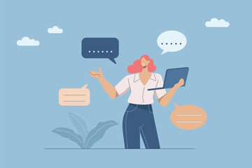 Concept of communication skills, Effective communication and respect in different situations, Female employee with bubbles commenting on work. Vector design illustration.