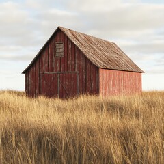 Obraz premium An isolated 3D model of a traditional barn, complete with wooden textures and red paint, standing in a field of tall grass