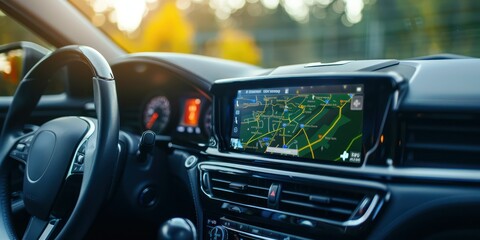 Digital interface showing car navigation and passenger entertainment options