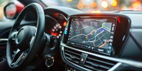 Digital interface showing car navigation and passenger entertainment options