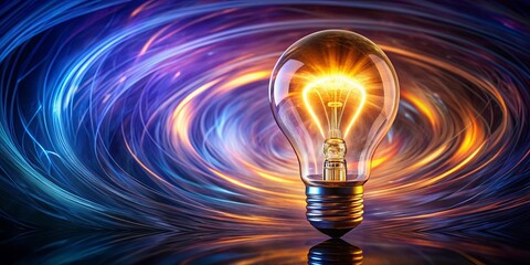 A radiant light bulb glows intensely against a backdrop of swirling, vibrant energy, symbolizing the potential for new ideas and innovation.