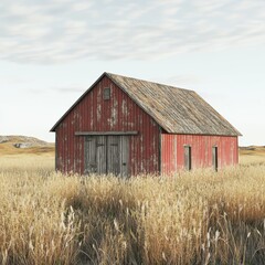Obraz premium An isolated 3D model of a traditional barn, complete with wooden textures and red paint, standing in a field of tall grass
