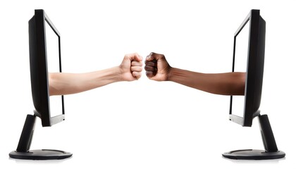 two men, guys, bros, fist bumping or bump online on the computer, cell phone, tablet. they are in agreement with something on social media,  concept.  see eye to eye, concur.  isolated on white