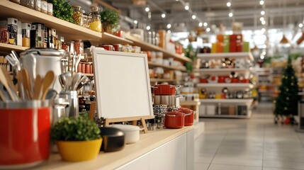 A large white signboard within the kitchenware department of a department store, positioned prominently among various kitchen items like pots, pans, utensils, and cookware sets.