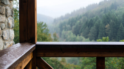 A peaceful scene from a wooden cabin balcony, overlooking a misty, rain-soaked forest. The wet railing adds to the tranquil, serene atmosphere.

