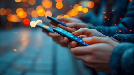 Professionals conducting business operations with smartphones in a modern office, efficient technology