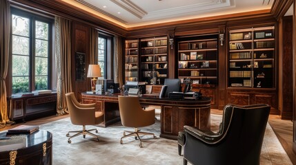 A luxurious home office with modern furniture, rich wood finishes, and elegant decor, creating a refined and productive workspace