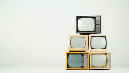 Stack of vintage televisions in black and white on a minimalist background