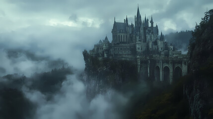 Fototapeta premium a castle with a fantasy view, cloudy and foggy