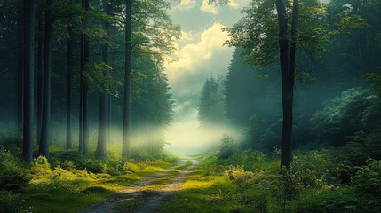 Fototapeta premium Serene Misty Morning Forest Path with Sunlight Filtering Through Trees, Tranquil Nature Scene Ideal for Relaxation and Exploration Concepts