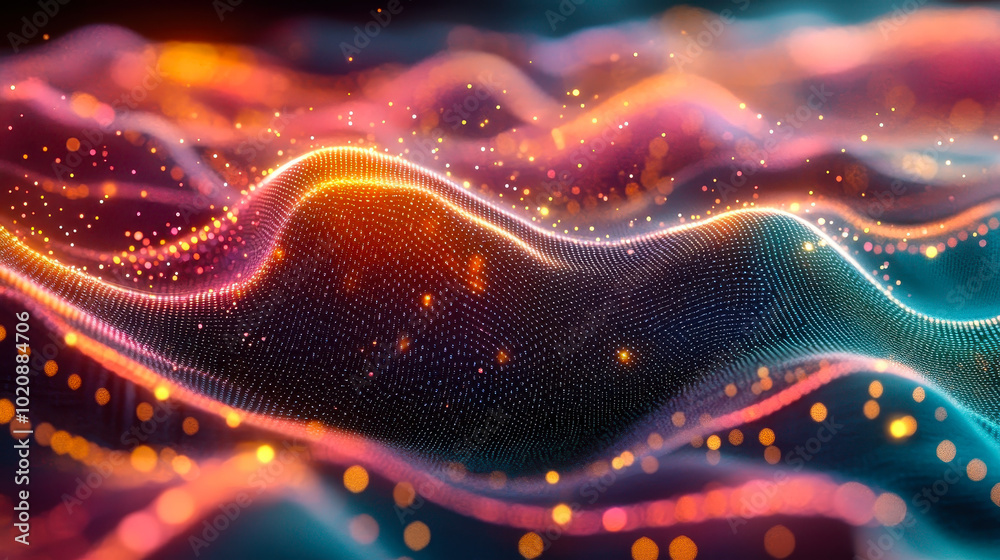 Poster vibrant abstract digital network waves with glowing particles, futuristic technology background, dyn