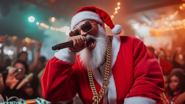 Santa Claus dressed in a hip-hop style, wearing a red and white tracksuit, He is performing at a party, holding a microphone and singing with energy and enthusiasm.