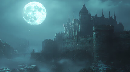 A mighty castle in the moonlight.