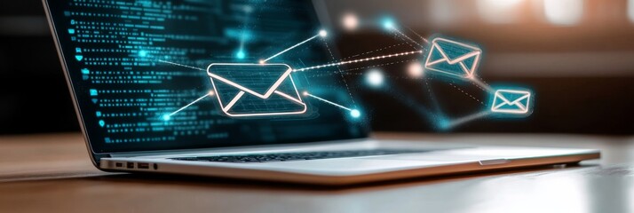 Digital Illustration of an Email Icon on the Screen, with Digital Data and Icons Floating Around It in Space