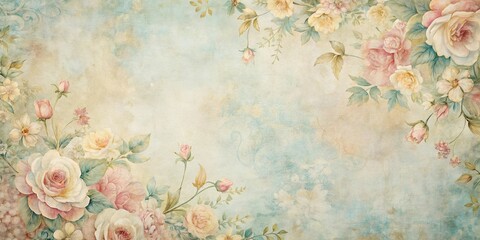A vintage floral design with delicate roses, soft pastel hues, and a faded background, evoking a sense of nostalgic beauty.