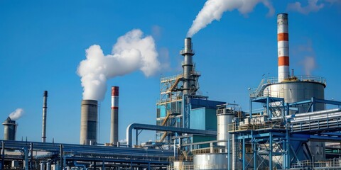 Exterior of a large industrial factory with smokestacks against a clear blue sky