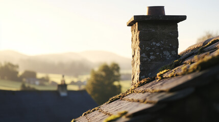 Fototapeta premium A close-up of a rustic stone chimney on a moss-covered roof, with a soft sunrise illuminating the peaceful countryside in the background. 