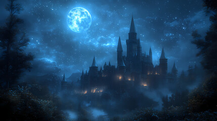A mighty castle in the moonlight.
