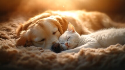 Obraz premium A dog and a cat sleeping while hugging each other. The scene should capture a sense of warmth and comfort, with the animals curled up closely together, their bodies intertwined.