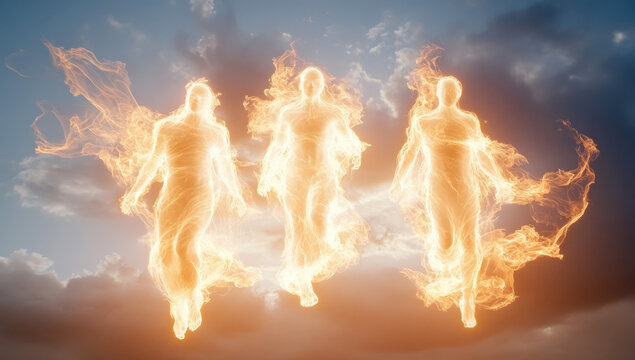 Three ethereal figures glowing with golden fiery light in the sky