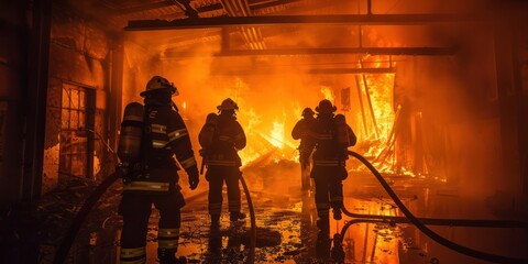 Firefighters in uniform battling a blaze in a burning building