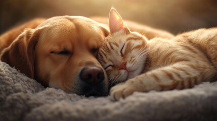 A dog and a cat sleeping while hugging each other. The scene should capture a sense of warmth and comfort, with the animals curled up closely together, their bodies intertwined.