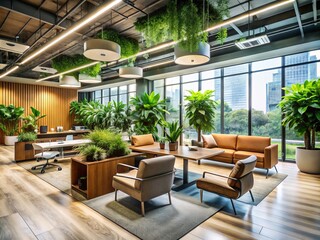 Contemporary corporate workspace infused with fashionable design elements and elegant decor, fostering a dreamy ambiance that enhances creativity and